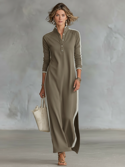 Minimalist button-down sweatshirt maxi dress for women | Elowen