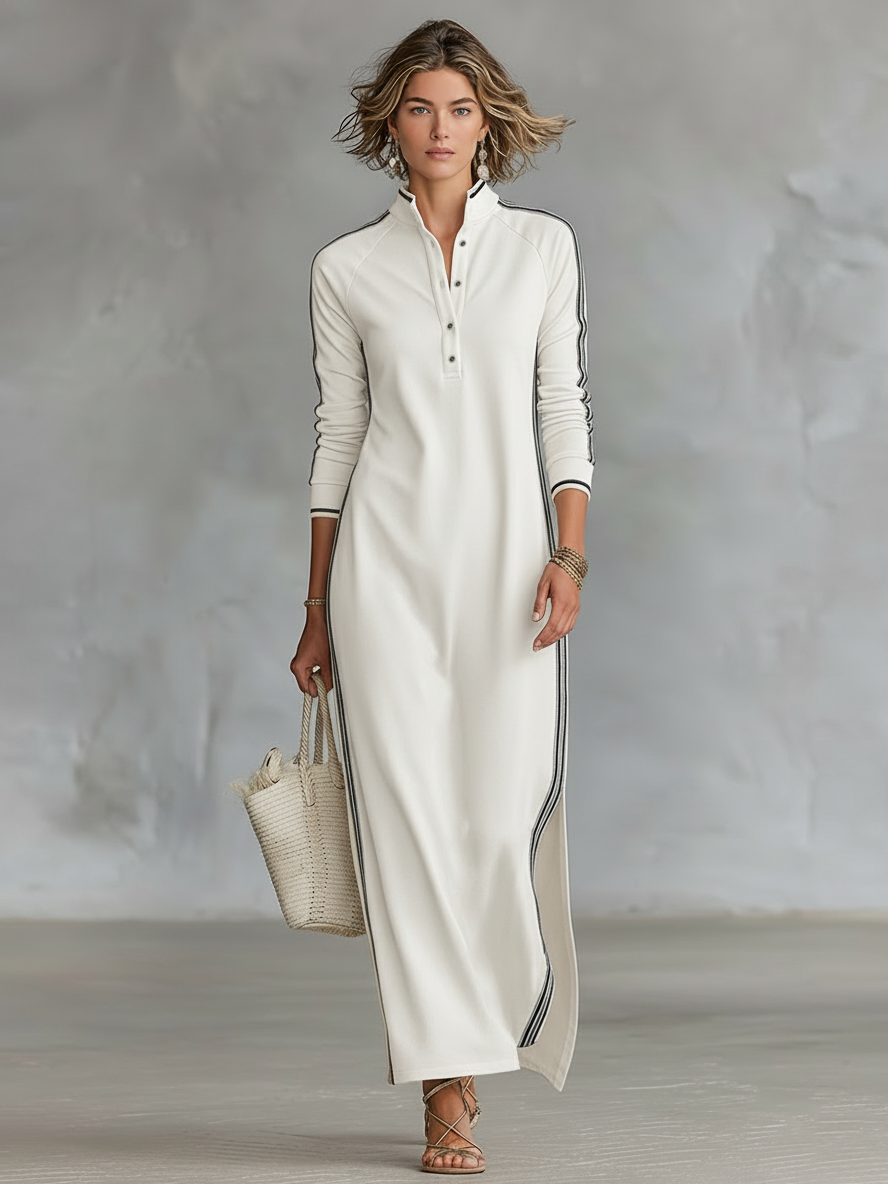 Minimalist button-down sweatshirt maxi dress for women | Elowen