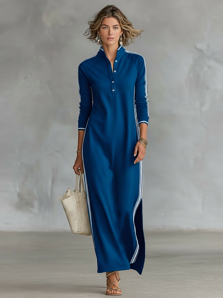 Minimalist button-down sweatshirt maxi dress for women | Elowen