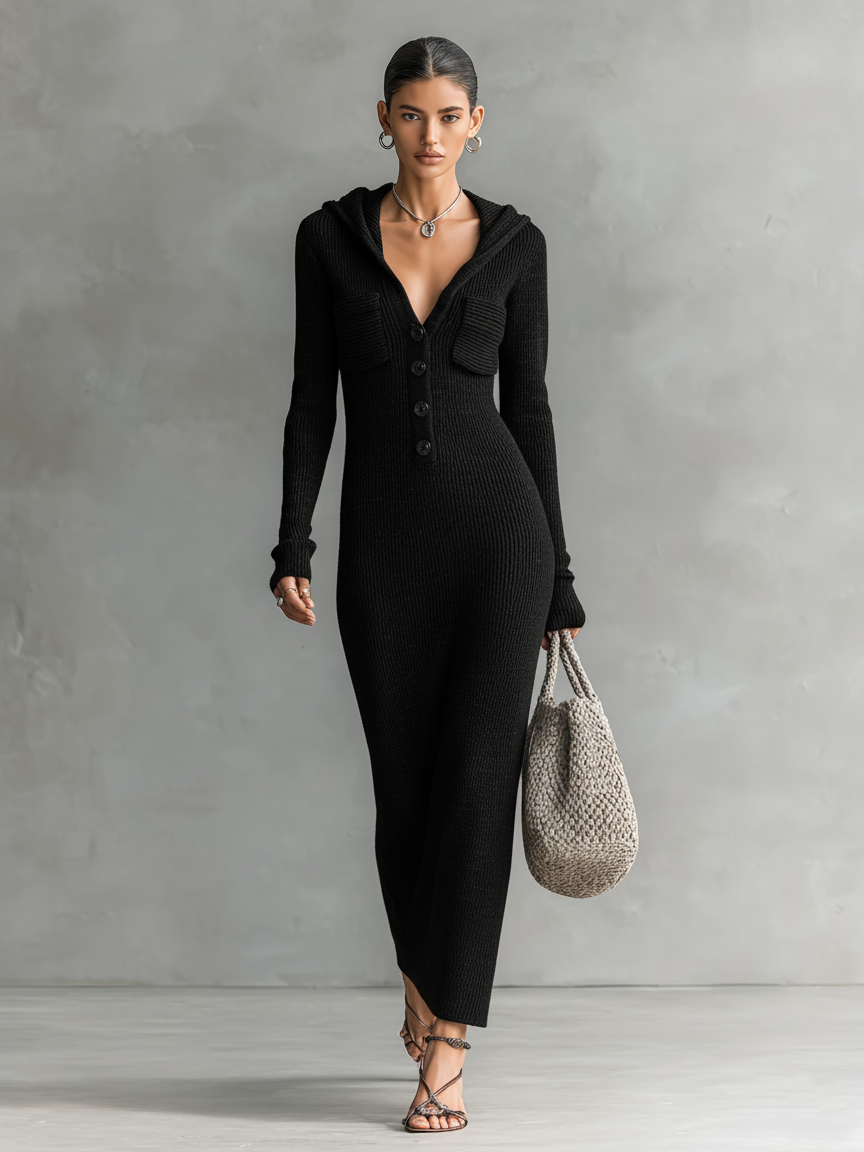 Slim hooded maxi dress with clean silhouette for women | Elowen