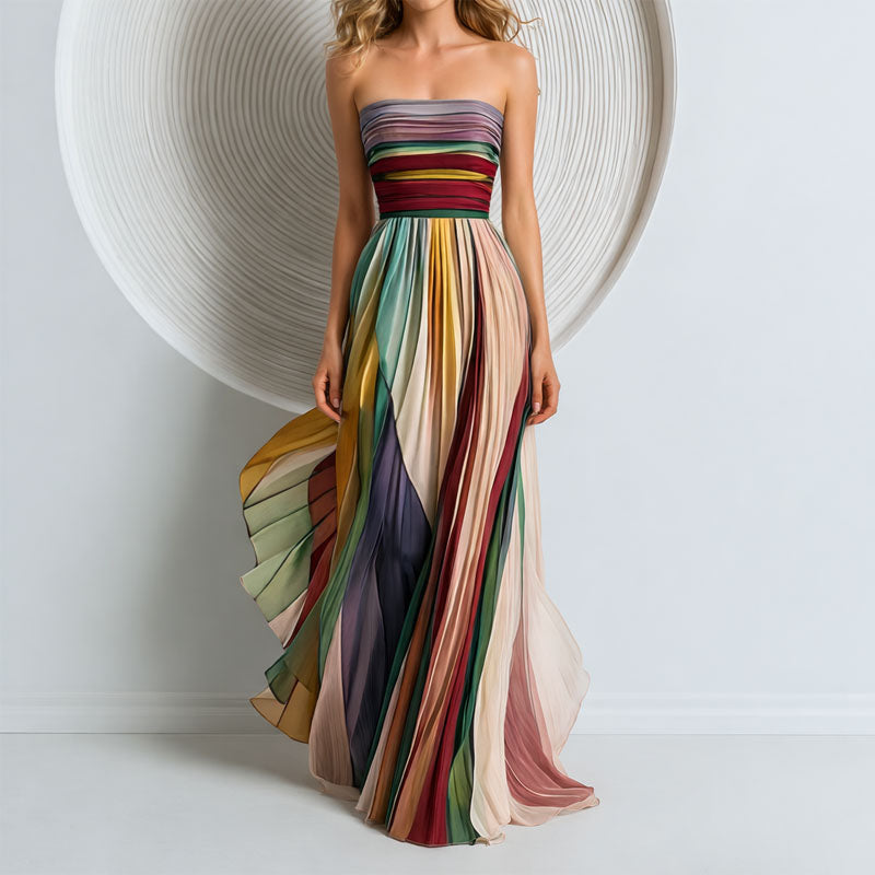 Elegant pleated strapless maxi dress for women | Valoria