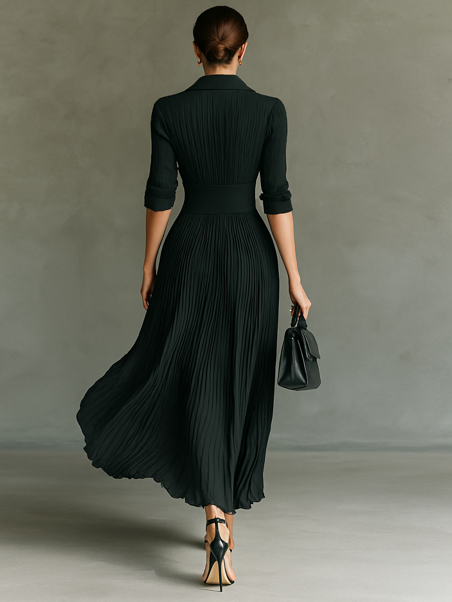 Pleated lapel waist maxi dress for women | Elowen