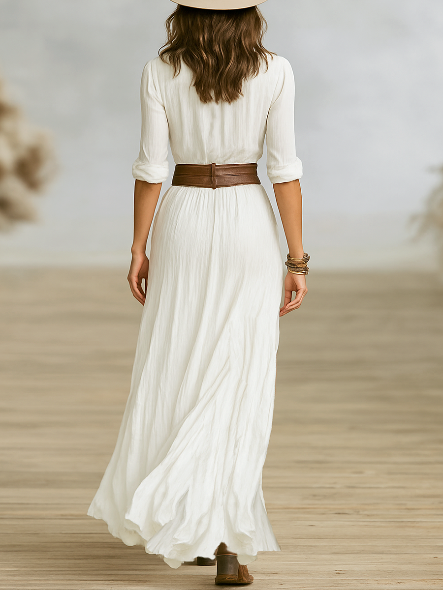 Pleated maxi dress with lapel collar for women | Mariselle