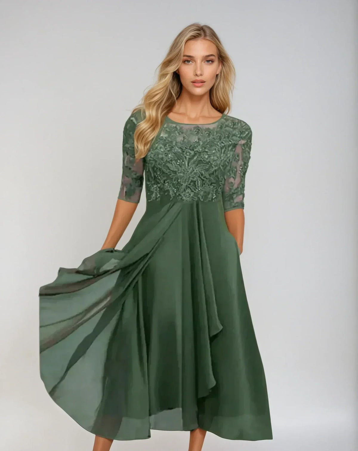 Adelina | Women's Lace Bodice Midi Dress with Flowing Skirt