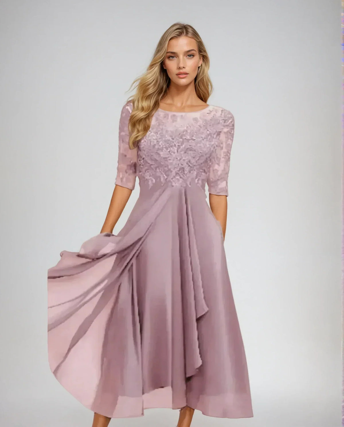 Adelina | Women's Lace Bodice Midi Dress with Flowing Skirt