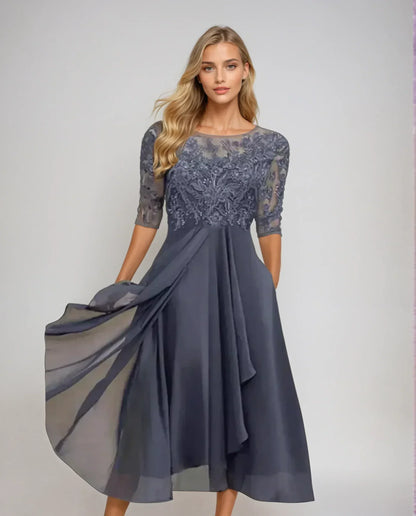 Adelina | Women's Lace Bodice Midi Dress with Flowing Skirt