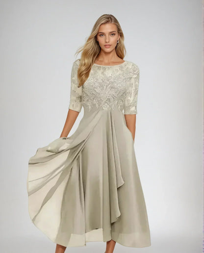 Adelina | Women's Lace Bodice Midi Dress with Flowing Skirt