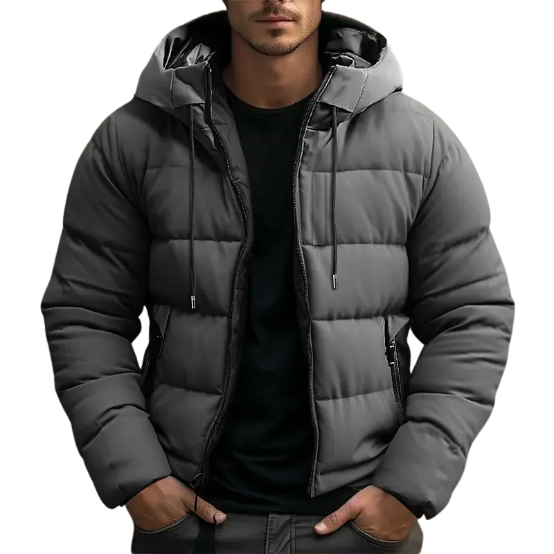 Hooded puffer jacket with zipper pockets for men | Grayson