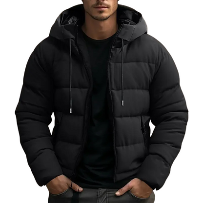 Hooded puffer jacket with zipper pockets for men | Grayson