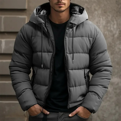 Hooded puffer jacket with zipper pockets for men | Grayson