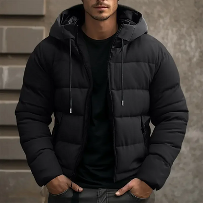 Hooded puffer jacket with zipper pockets for men | Grayson