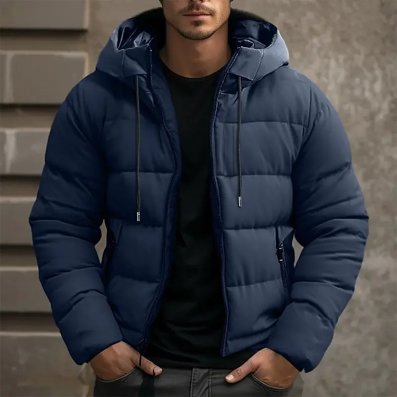 Hooded puffer jacket with zipper pockets for men | Grayson