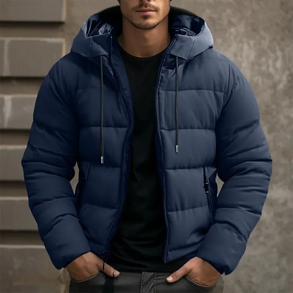 Hooded puffer jacket with zipper pockets for men | Grayson