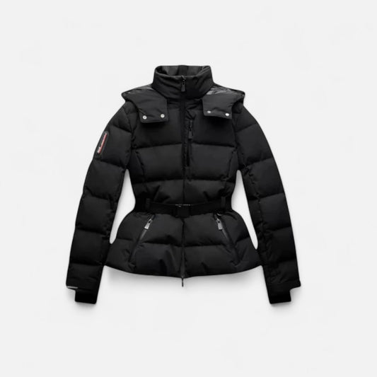 Belted water-resistant elegant puffer jacket for women