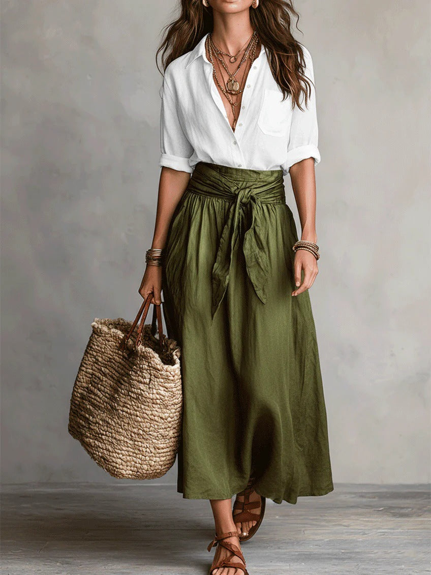 Ines | Women's Button Shirt and Tie Waist Skirt Set