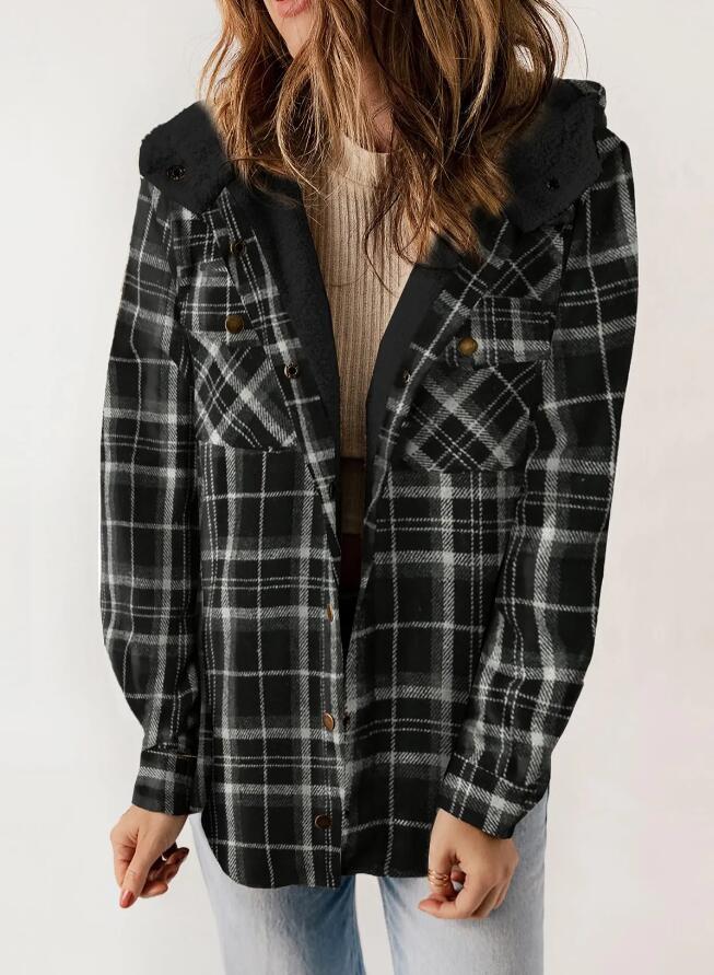 Plaid hooded flannel jacket for women | Amelia