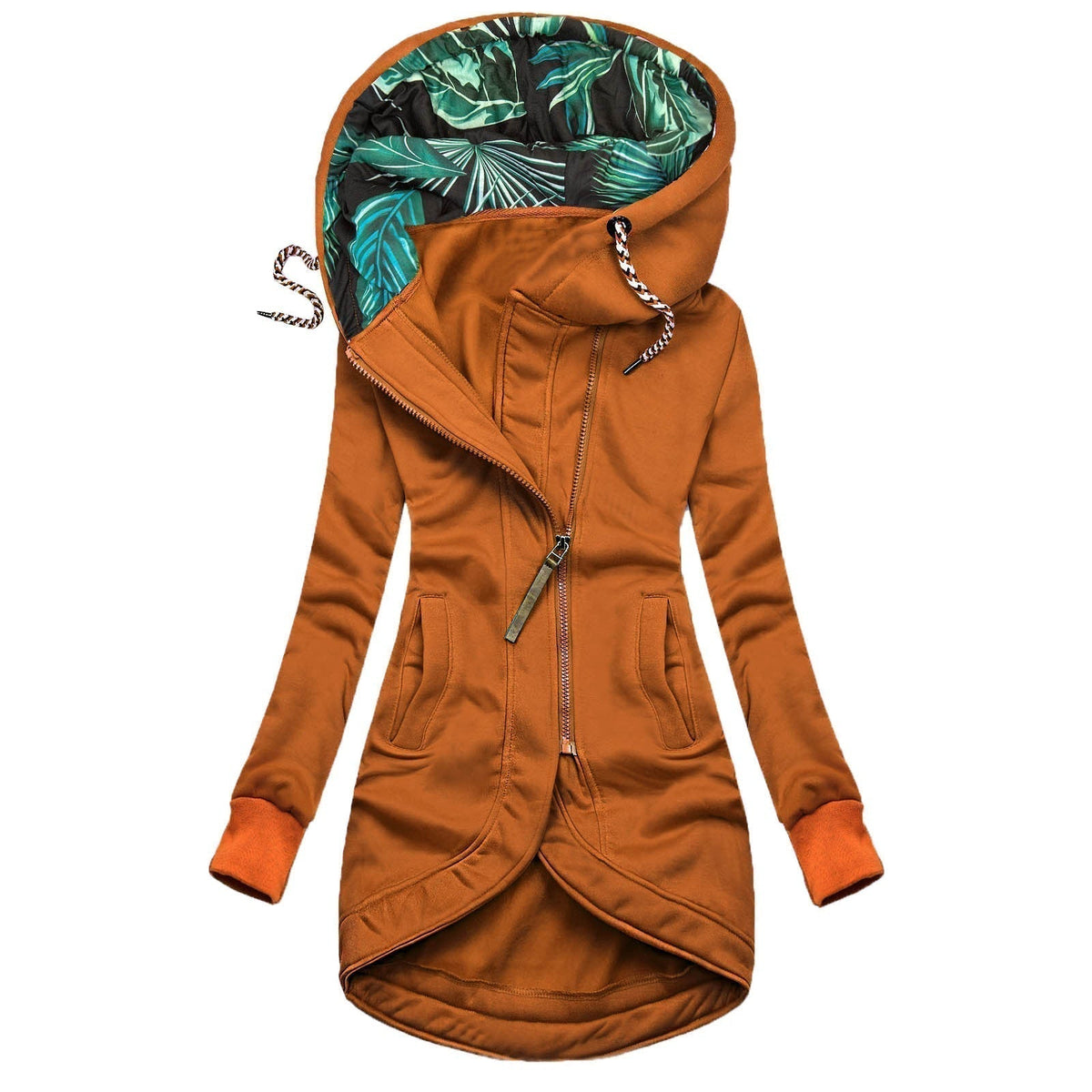 Hooded longline zip-up lightweight jacket for women | Marisela