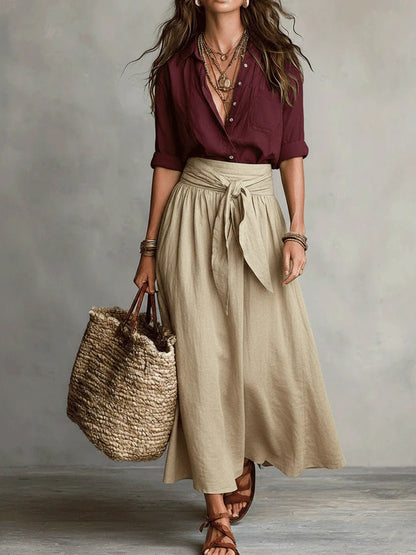 Ines | Women's Button Shirt and Tie Waist Skirt Set