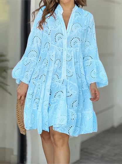Embroidered tiered mini dress with balloon sleeves for women | Marisela