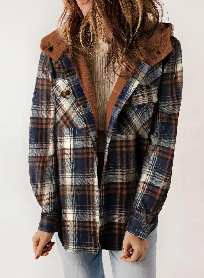 Plaid hooded flannel jacket for women | Amelia