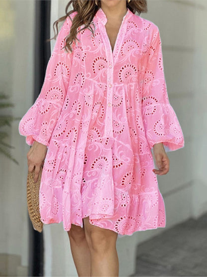 Embroidered tiered mini dress with balloon sleeves for women | Marisela