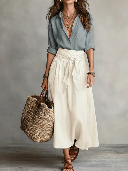 Ines | Women's Button Shirt and Tie Waist Skirt Set