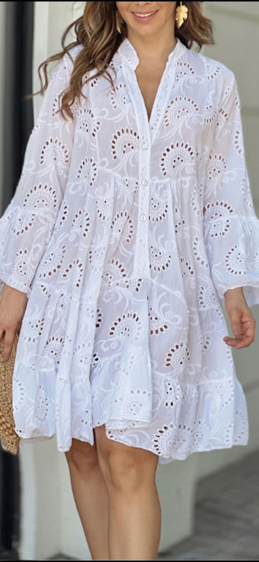 Embroidered tiered mini dress with balloon sleeves for women | Marisela
