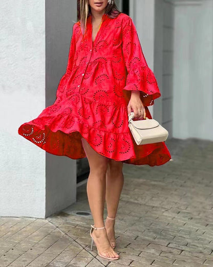 Embroidered tiered mini dress with balloon sleeves for women | Marisela