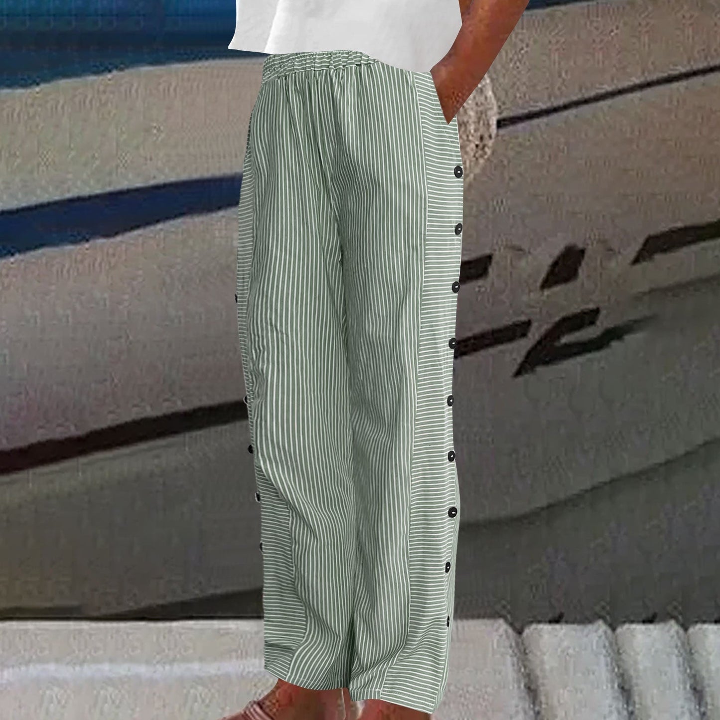 Relaxed striped button-accent trousers for women | Sera -5