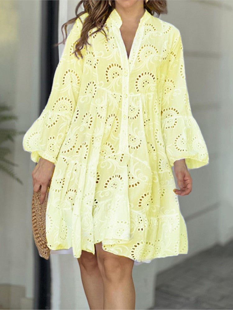 Embroidered tiered mini dress with balloon sleeves for women | Marisela