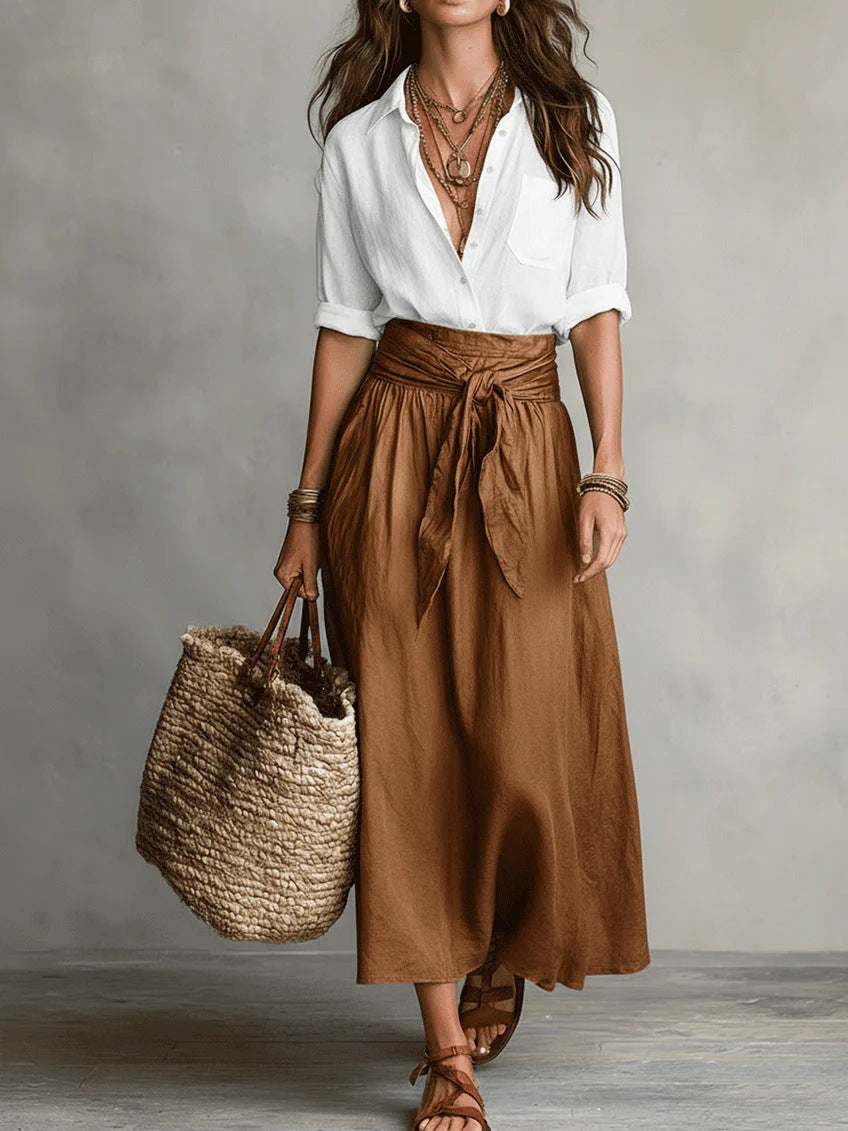 Ines | Women's Button Shirt and Tie Waist Skirt Set