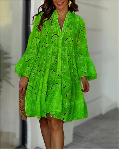 Embroidered tiered mini dress with balloon sleeves for women | Marisela