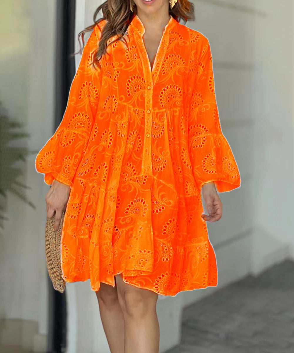 Embroidered tiered mini dress with balloon sleeves for women | Marisela