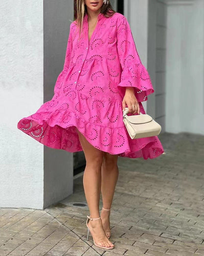Embroidered tiered mini dress with balloon sleeves for women | Marisela