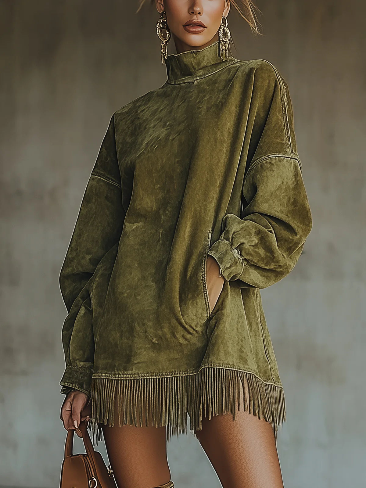 Faux Suede Fringe Hem Turtleneck Dress for Women | Marlowe