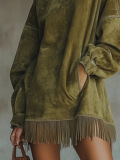 Faux Suede Fringe Hem Turtleneck Dress for Women | Marlowe