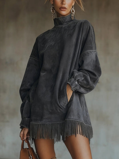 Faux Suede Fringe Hem Turtleneck Dress for Women | Marlowe