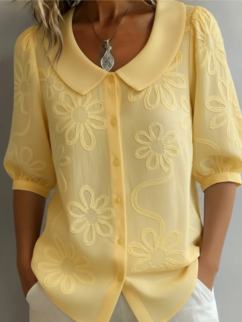 Cotton blend round neck button-down embroidered floral blouse for women | Alyssa