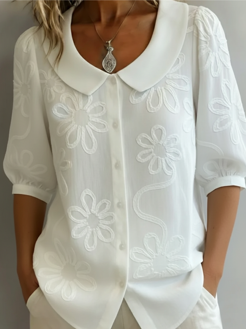 Cotton blend round neck button-down embroidered floral blouse for women | Alyssa