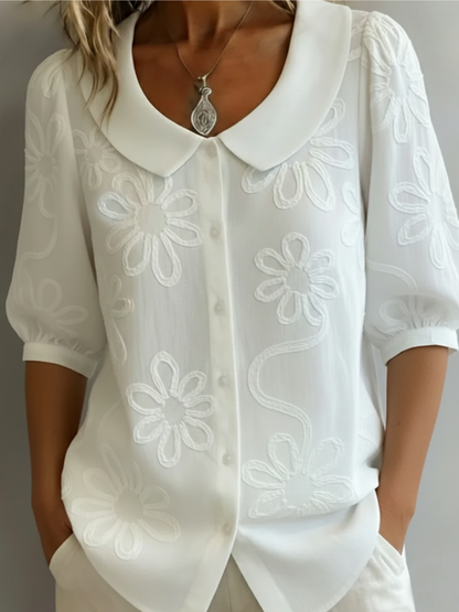 Cotton blend round neck button-down embroidered floral blouse for women | Alyssa