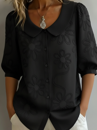 Cotton blend round neck button-down embroidered floral blouse for women | Alyssa