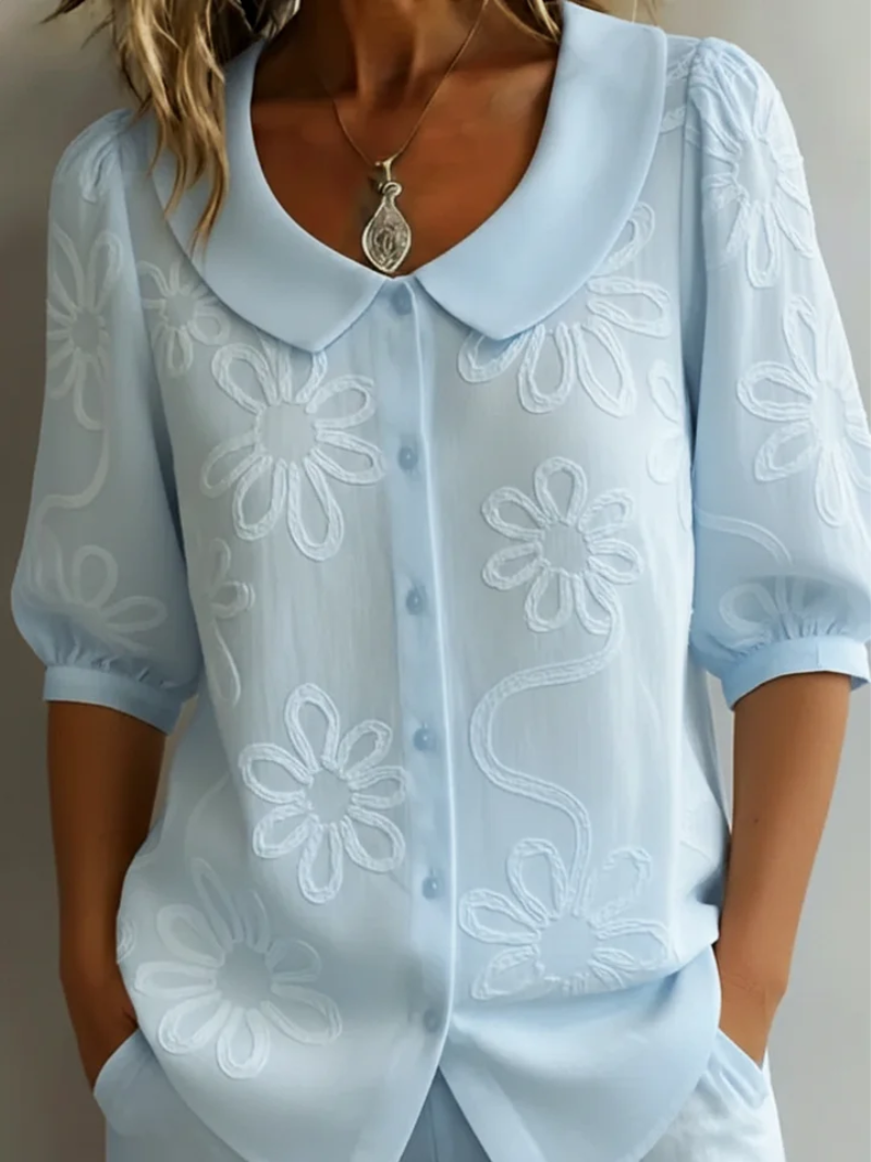 Cotton blend round neck button-down embroidered floral blouse for women | Alyssa