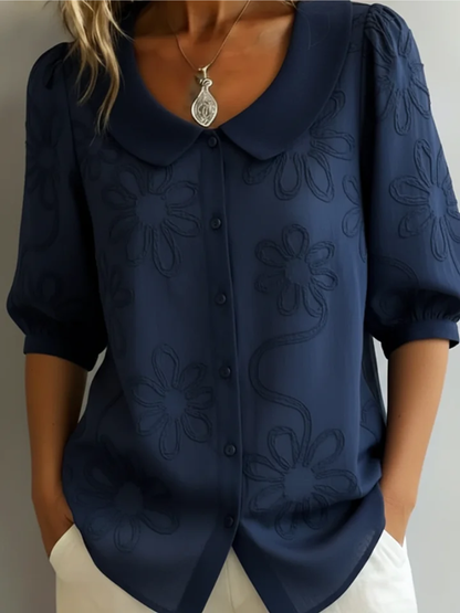 Cotton blend round neck button-down embroidered floral blouse for women | Alyssa