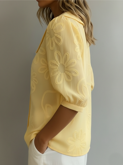 Cotton blend round neck button-down embroidered floral blouse for women | Alyssa
