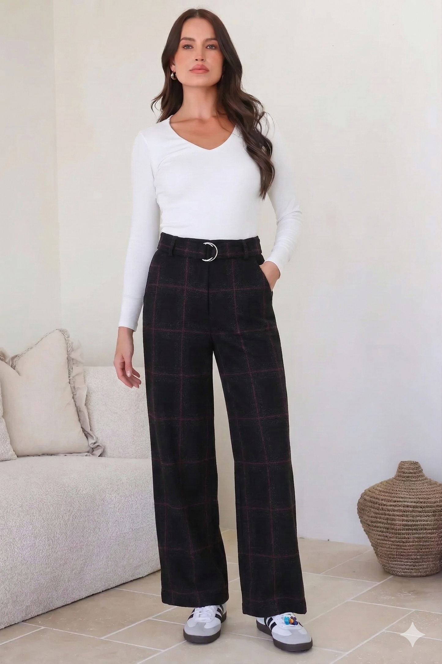Plaid wide-leg trousers with belt accent | Ashton