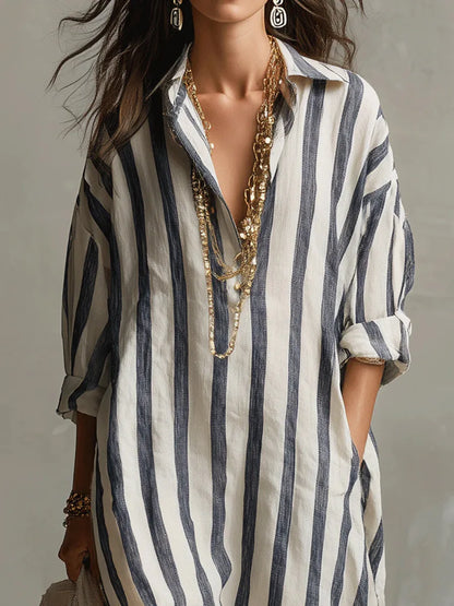 Striped oversized linen shirt maxi dress for women | Marisela