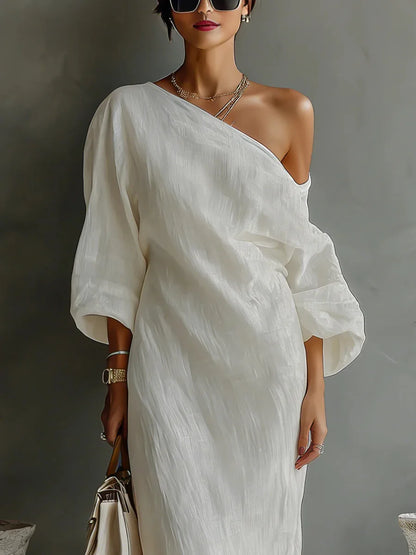 Textured linen one shoulder dress for women | Daisy
