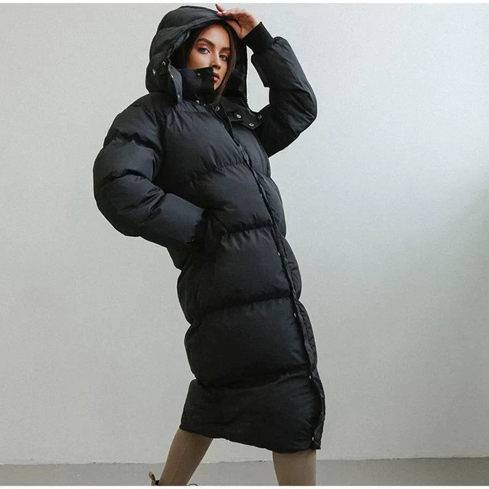 Women's Hooded Long Puffer Coat with Insulated Design