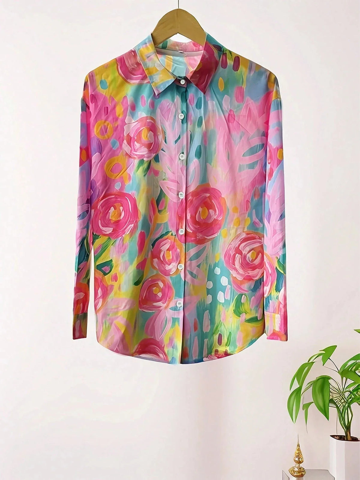 Abstract print button-front collared long sleeve blouse for women | Marisela