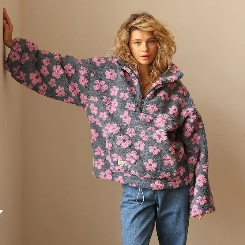 Elegant floral sherpa pullover for women | Elara